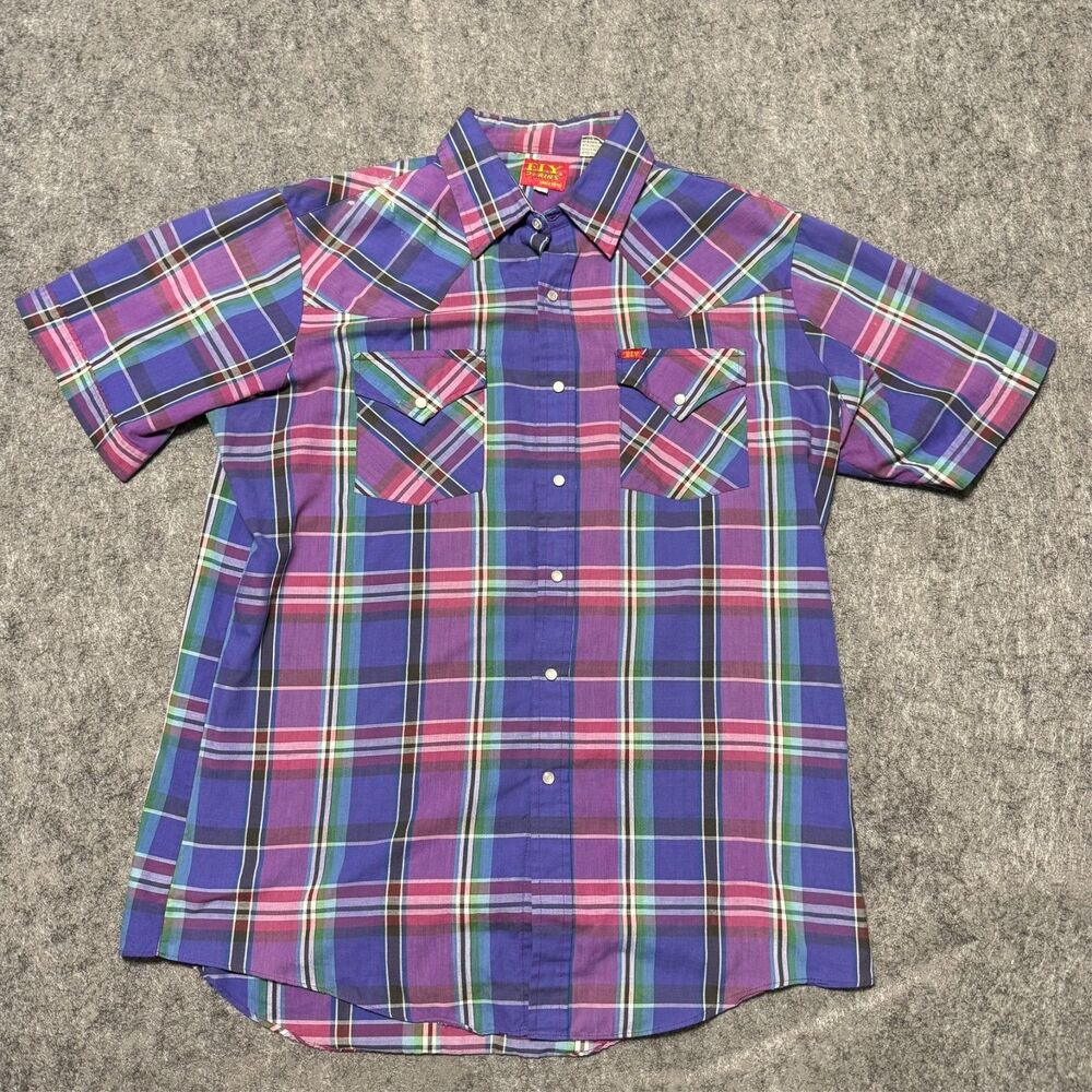 Vintage Ely Plains Western Pearl Snap Shirt Large Purple Madras Cowboy